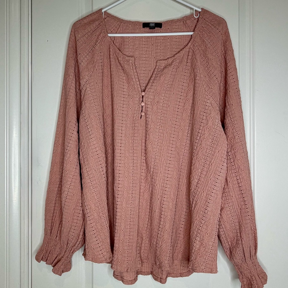 Frye Textured Boho Peasant Blouse Blouson Long Sleeves Women’s Size XXL Mauve